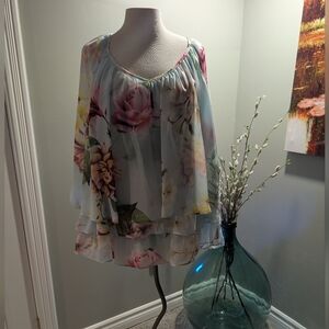Joseph Ribkoff pastel floral dress top blouse ruffled tiered sheer sleeves 16